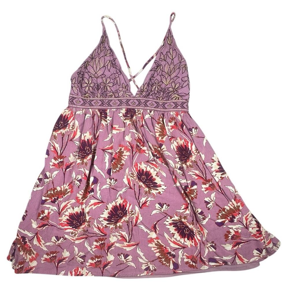 Sundress Mini Floral Embroidered V-Neck Strappy Back Purple M